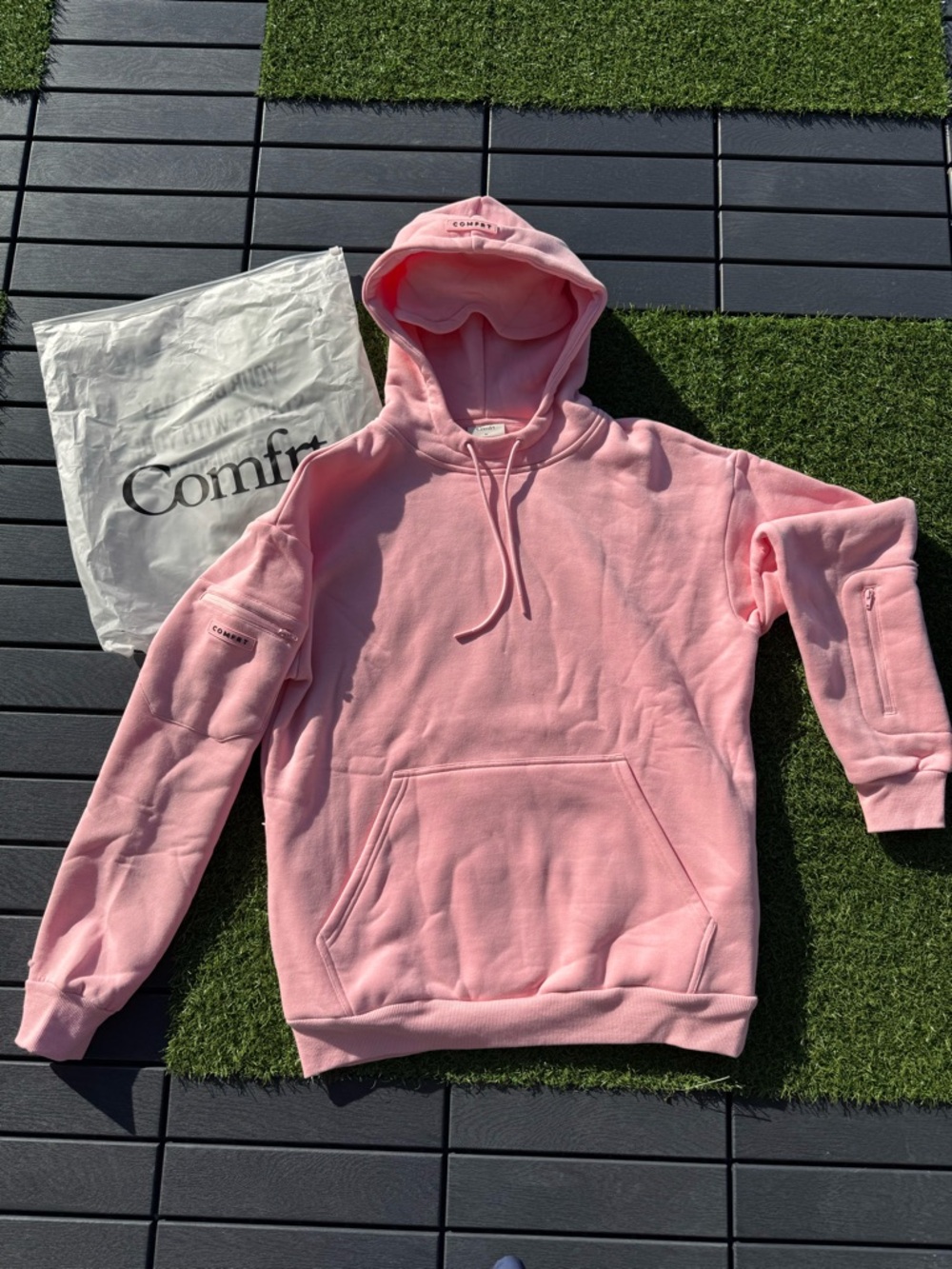 Comfrt Pink Hooded Sweatshirt, Airplane Mode Travel Hoodie with eyemask